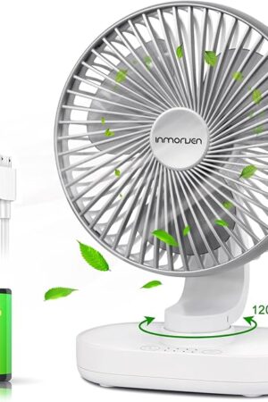 CONBOLA Small Desk Fan for Bedroom, 4000mAh Battery Powered Rechargeable Fan, 90° Vertical Manual and 120° Oscillating, 4 Speeds Air Circulator Fan, Quiet Table Fan for Home Office, White