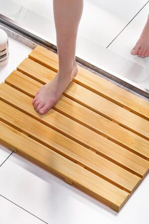 Domax Bamboo Bath Mat - Non Slip Waterproof Wooden Shower Floor Mat for Bathroom, Sauna, Spa, Outdoor Use (Natural, 21.26 x 14.17 x 1.3 Inch)