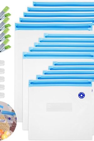 BLITZHOME Vacuum Sealer Bags for Food 3 Sizes, 29 Pack Kit with 15Pcs Reusable Sous Vide Bags, 5 Air Valves, 5 Sealing Clips, 4 Clips for Sous Vide Cooking/Food Storage, BPA Free…