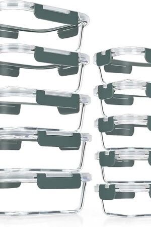 VERONES 10 Pack Glass Meal Prep Containers, Airtight Glass Lunch Containers, Stackable Glass Food Storage Containers Set with Lids,Exclusive of BPA,for Microwave, Oven, Freezer & Dishwasher,Grey