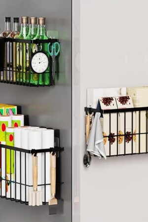 3 Pack Hanging Storage Basket Organizer, Adhesive Wall Mounted Metal Bins with Removable Cup, No-Drill for Kitchen, Fridge, Bathroom, Cabinet Door, Laundry