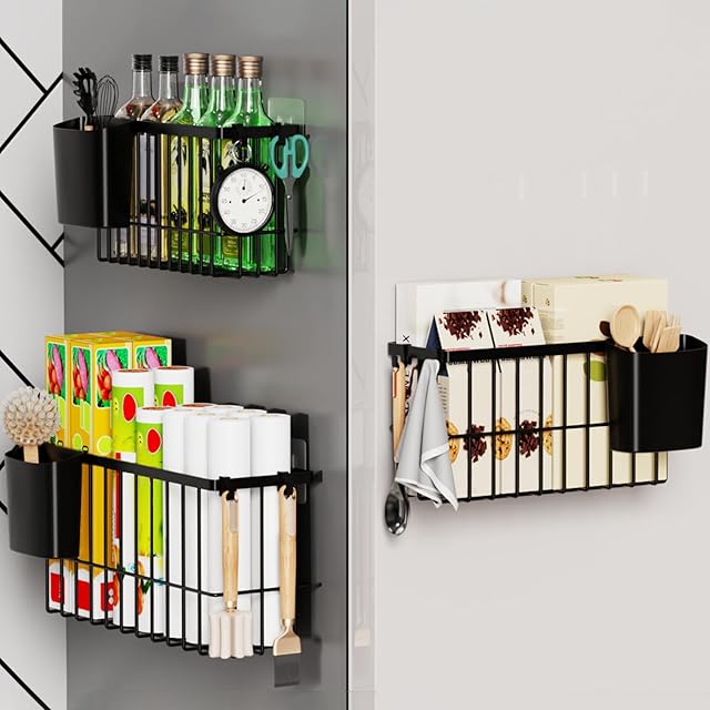 3 Pack Hanging Storage Basket Organizer, Adhesive Wall Mounted Metal Bins with Removable Cup, No-Drill for Kitchen, Fridge, Bathroom, Cabinet Door, Laundry