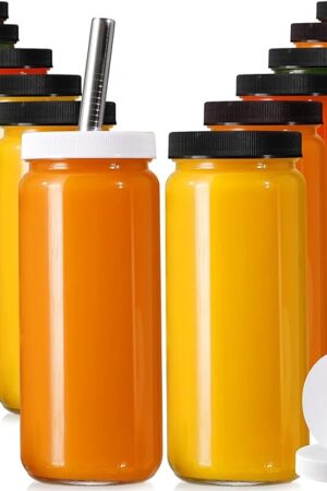 12 PACK, 16 OZ Glass Juice Bottles with Airtight Lids, Bonus 2 Straws & Perforated Lids, Reusable Juicer, Juicing Bottle - Clear Drinking Jars Cups, Water Bottles, Travel Juice Container, Black Caps