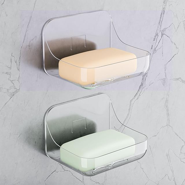 Acrylic Soap Dish, 2 Pcs Clear Self Draining Soap Holder, No Drilling, No Tool, Universal and Aesthetics, Waterproof, Plastic Soap Saver - Bathroom Kitchen Organizer