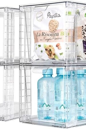 4Pack Large Stackable Kitchen Storage Drawers, Clear Foods Organizer Bins with Handles, Easily Assemble for Bathroom, Kitchen, Pantry, Cabinet, Closet(XL-UP Handle)