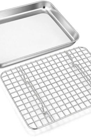 Baking Sheet Pan with Cooling Rack Set, Joyfair Stainless Steel Toaster Oven Tray Pans with Grid Racks, Rectangular Bakeware for Cookie/Bacon, Heavy Duty & Rust-free, Dishwasher Safe (9 Inch)