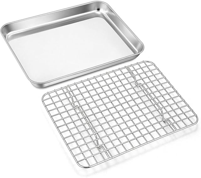Baking Sheet Pan with Cooling Rack Set, Joyfair Stainless Steel Toaster Oven Tray Pans with Grid Racks, Rectangular Bakeware for Cookie/Bacon, Heavy Duty & Rust-free, Dishwasher Safe (9 Inch)