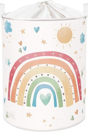 Clastyle 63L Large Cloud Rainbow Kid Laundry Hamper with Handle Boy Girl Bedroom Bathroom Nursery Collapsible Clothes Toy Storage Basket with Lid