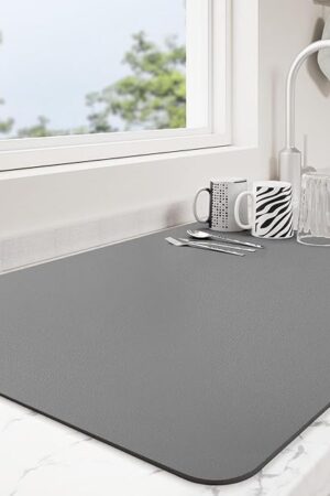Dish Drying Mat for Kitchen Counter | Coffee Bar Mat for Countertops | Heat Resistant Drainer Mat with Non-slip Rubber Backed | Hide Stain Kitchen Absorbent Draining Mat | Dark Grey 16"x18"