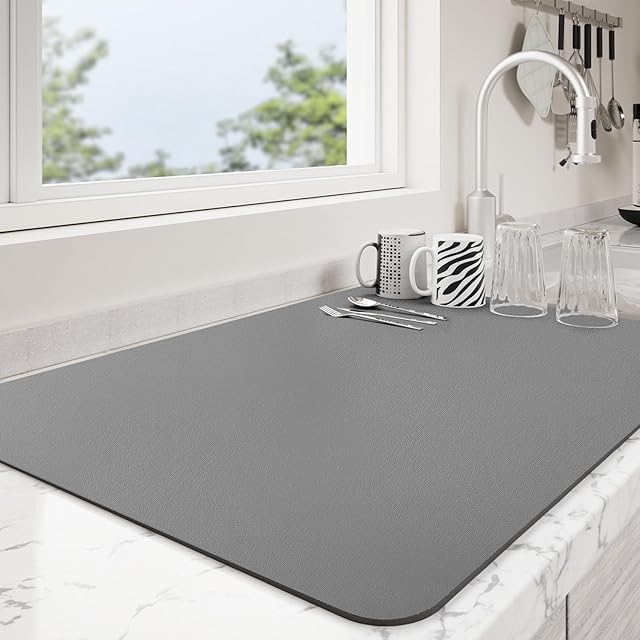 Dish Drying Mat for Kitchen Counter | Coffee Bar Mat for Countertops | Heat Resistant Drainer Mat with Non-slip Rubber Backed | Hide Stain Kitchen Absorbent Draining Mat | Dark Grey 16"x18"