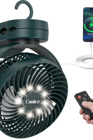 Camping Fan with Remote Control - 12000mAh Rechargeable Battery Powered Fan, Camping Fans for Tents with LED light & Hanging Hook, Rechargeable Battery Operated Ceiling Fans for Tent RV Bed, Green