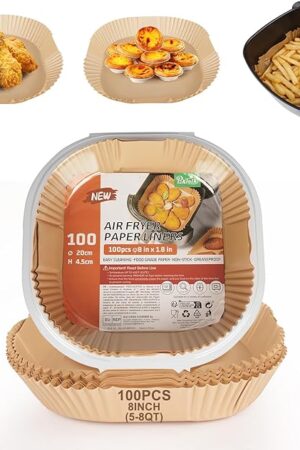 Air Fryer Liners Disposable, 8 Inch Air Fryer Sheet Liners Square, Non-Stick & Pre-Cut Disposable Air Fryer Liners for Easy Cleanup, Fits Most Air Fryer Baskets (8inch-100pcs)