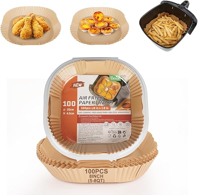 Air Fryer Liners Disposable, 8 Inch Air Fryer Sheet Liners Square, Non-Stick & Pre-Cut Disposable Air Fryer Liners for Easy Cleanup, Fits Most Air Fryer Baskets (8inch-100pcs)