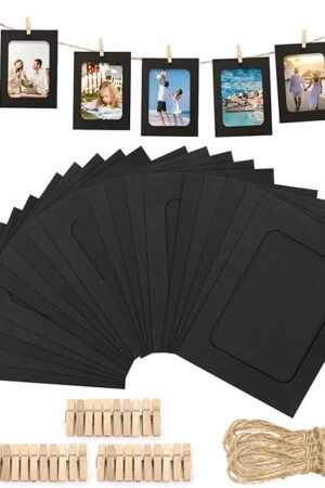 Anwyll Paper Picture Frames 4x6'' - 30Pcs Black Paper Photo Frames Cardboard Picture Frames with Clip and String DIY Clip Photo Holders Photo Hanging Display Kit Wall Decoration for Home Party Office