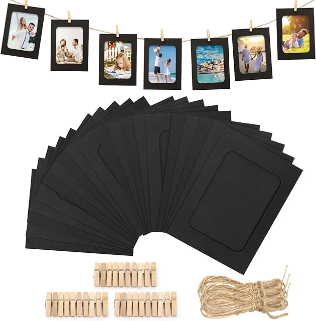 Anwyll Paper Picture Frames 4x6'' - 30Pcs Black Paper Photo Frames Cardboard Picture Frames with Clip and String DIY Clip Photo Holders Photo Hanging Display Kit Wall Decoration for Home Party Office