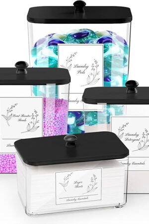 4 Pack Clear Laundry Pods Container & Dryer Sheet Holder, Plastic Square Laundry Room Organization and Storage Jars with Lids, Scoops & Labels for Detergent, Powder, Dryer Balls (Black Lid)