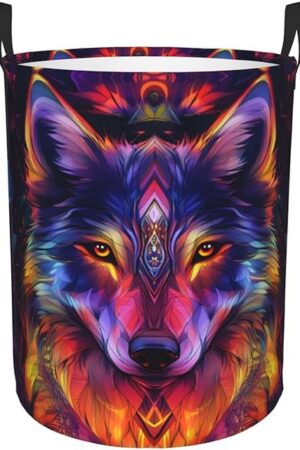 Wolf Colorful Laundry Basket Round with Handle, Bedroom Hamper Collapsible Storage Bin Dirty Clothes Bag Organizer for Home Bathroom Nursery, 19.6''x15.7''