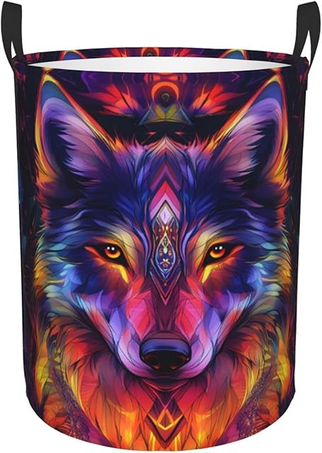 Wolf Colorful Laundry Basket Round with Handle, Bedroom Hamper Collapsible Storage Bin Dirty Clothes Bag Organizer for Home Bathroom Nursery, 19.6''x15.7''
