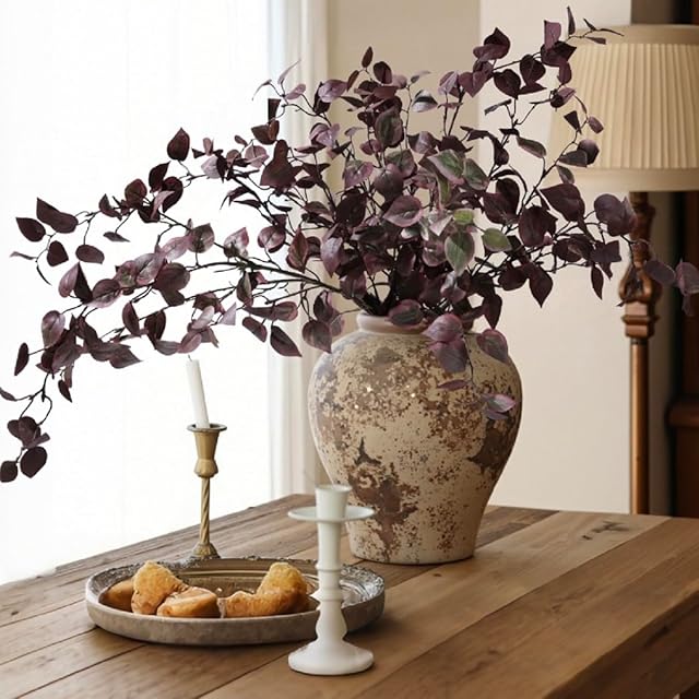 5PCS Artificial Fall Eucalyptus Leaves Stem Plants, 32.7 inch Fake Leaves Autumn Greenery Branches Burgundy Shrubs Silk Faux Foliage DIY Stems for Thanksgiving Festival Home Kitchen Farmhouse