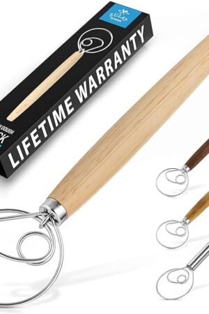 Zulay Kitchen 13-Inch Danish Dough Whisk - Wooden Danish Whisk for Dough with Stainless Steel Dough Hook - Traditional Dutch Whisk - Bread Whisk for Sourdough, Pizza, Pastry, Cake Batter
