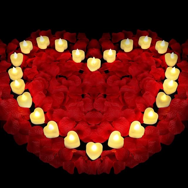 Childom Red Rose Petals Set,1000 Pieces Artificial Rose Petals with 24 Pieces LED Tea Lights Candles,Roses Petal for Romantic Night for Her,Proposal Decorations for Women,Wedding,Bedroom,Anniversary