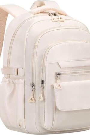 Cute Backpack for School Teen Girls Beige Bookbag Aesthetic Womens Travel Book Bags for School Kids Student Back Packs