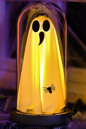 Yinhua Halloween Decorations Indoor 8.5" Light Up Ghost in Glass Cloche with Timer, Cute Ghost Light with Wood Base Night Lights Halloween Decor for Mantel, Desk, Fireplace, Gift (Warm)