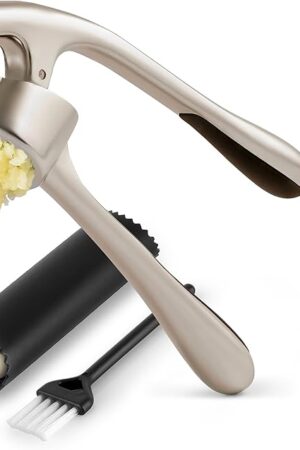 Zulay Kitchen Premium Garlic Press Set - Rust Proof & Dishwasher Safe Professional Garlic Mincer Tool - Easy-Squeeze, Easy-Clean with Soft, Ergonomic Handle - Silicone Garlic Peeler & Brush (Silver)