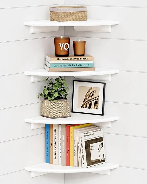 Forbena Modern White Round Corner Floating Wall Bookshelves, Large Wood Book Shelves Set of 4