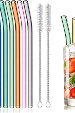 8 Pcs Reusable Glass Straws, 8"x8mm Eco-friendly Drinking Straws for Smoothies, Milkshakes, Tea, Juice, Cocktails - Multi-Color Mixed (8Pcs Bent)