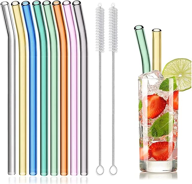 8 Pcs Reusable Glass Straws, 8"x8mm Eco-friendly Drinking Straws for Smoothies, Milkshakes, Tea, Juice, Cocktails - Multi-Color Mixed (8Pcs Bent)
