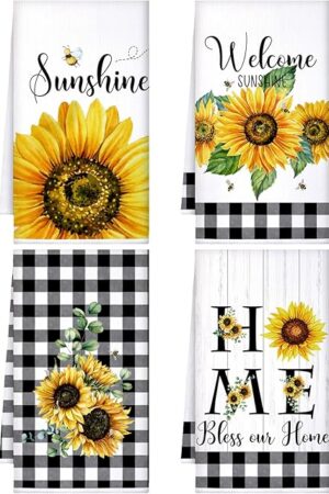 Bencailor 4 Pcs Sunflower Kitchen Towels Summer Fall Flower Floral Sea Beach Lemon Hand Dish Towels Fast Drying Decor Housewarming Gift for Cooking Kitchen Bathroom(Yellow,Sunflower)