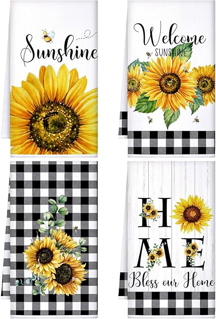 Bencailor 4 Pcs Sunflower Kitchen Towels Summer Fall Flower Floral Sea Beach Lemon Hand Dish Towels Fast Drying Decor Housewarming Gift for Cooking Kitchen Bathroom(Yellow,Sunflower)