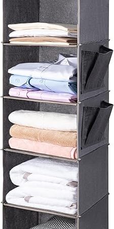 BOOMIBOO Hanging Closet Organize and Shelves，5-Hanging Shelf with 2 Side Pockets，Storage Foldable （Grey）