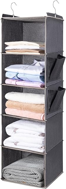 BOOMIBOO Hanging Closet Organize and Shelves,5-Hanging Shelf with 2 Side Pockets,Storage Foldable (Grey)