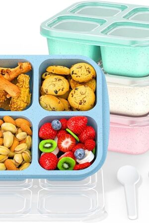 Bento Snack Boxes (4 Pack)- Reusable 4-Compartment Meal Prep Containers for Kids and Adults, Perfect Food Storage School, Compact Stackable (Wheat(Green/Blue/PK/Beige))