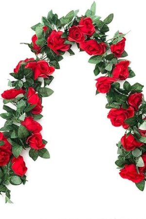 2 Pack (16FT) Artificial Rose Vine Flowers Plants Fake Flower Vine for Wedding Home Garden Craft Art Decor Valentine's Day Mother's Day Party Decoration Red
