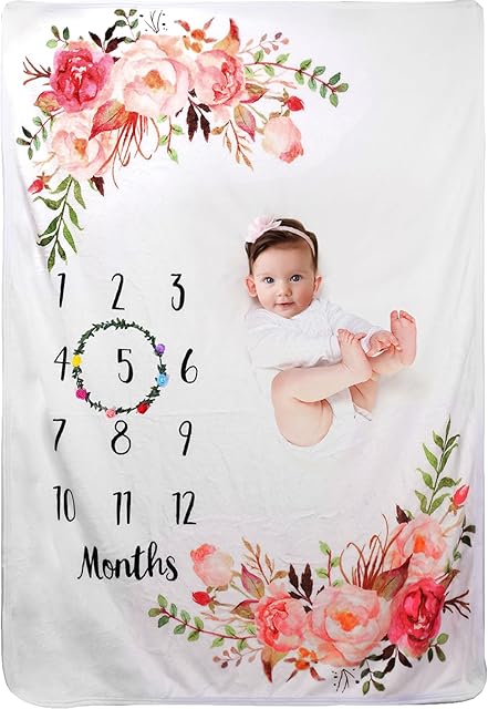 Baby Monthly Milestone Blanket for Boy Girl Soft Floral Memory Blanket Newborn Growth Chart Milestone Blanket Cute Photo Background Blanket with Wreath (51x40In)
