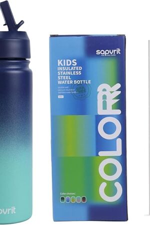 Water Bottle, 16 oz Water Bottles with Straw and Stickers, Stainless Steel Vacuum Double Wall Insulated cup,Water Bottle for School, Gifts for Girls(16OZ BLUE GREEN)
