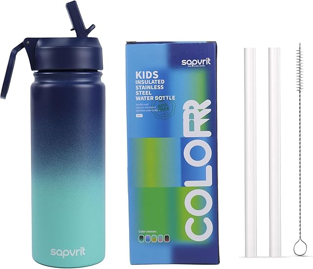Water Bottle, 16 oz Water Bottles with Straw and Stickers, Stainless Steel Vacuum Double Wall Insulated cup,Water Bottle for School, Gifts for Girls(16OZ BLUE GREEN)