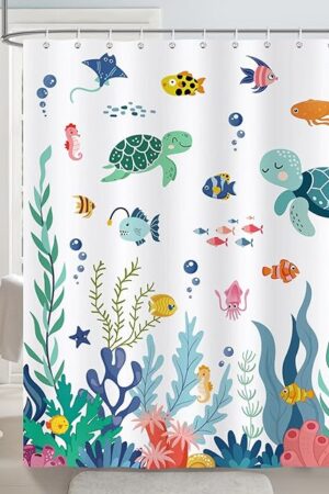 Bonhause Kids Shower Curtain, Cute Ocean Sea Turtle Fish Corals Underwater World Bathroom Decor for Boys Girls 72 x 72 Inch Polyester Fabric Waterproof Bath Curtain with 12 Hooks