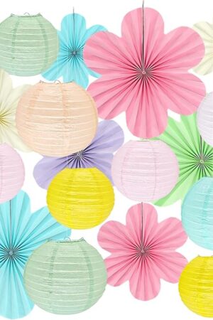 18Pcs Pastel Classroom Decor Kit, Pastel Paper Lanterns Paper Flowers Fans for Women Girls Spring Birthday Wall Baby Shower Wedding Party Rainbow Classroom Decorations