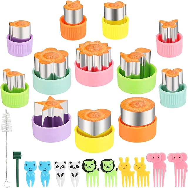 24 Pcs Vegetable Cutter Shapes Set, Cute Fruit Shape Cutters, Food Cutters for Kids Lunch, Cookie Stamps, Mini Cookie Cutters with Cartoon Animals Food Picks for Kids Baking and Lunchbox