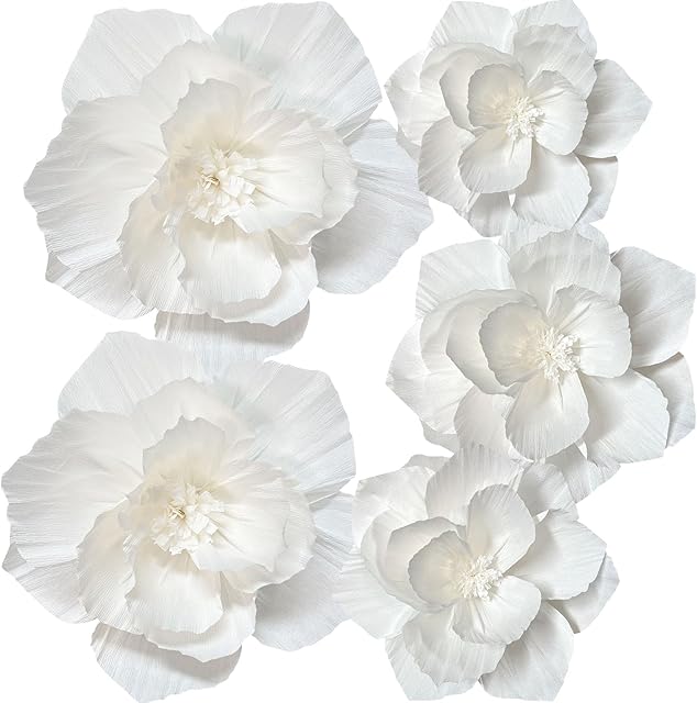 ANSOMO White Paper Flowers Artificial 3D Wall Décor Wedding Birthday Bridal Baby Shower Nursery Room Backdrop Table Centerpieces Party Decorations Supplies