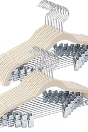 24-Pack Beige Velvet Hangers with Clips Adjustable,Adult Hangers,Heavy-Duty,Felt,Non-Slip,Space Saving,Slim Outfit Hanger for Pants, Skirts, Suits,Coats, Dresses ect.