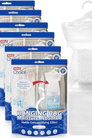 W&E Choice Moisture Absorbers Hanging Bag for Your Closet, Dehumidifier Bags for Bathroom, Fragrance Free Humidity Packs, 6 Pack, 9.9 Oz