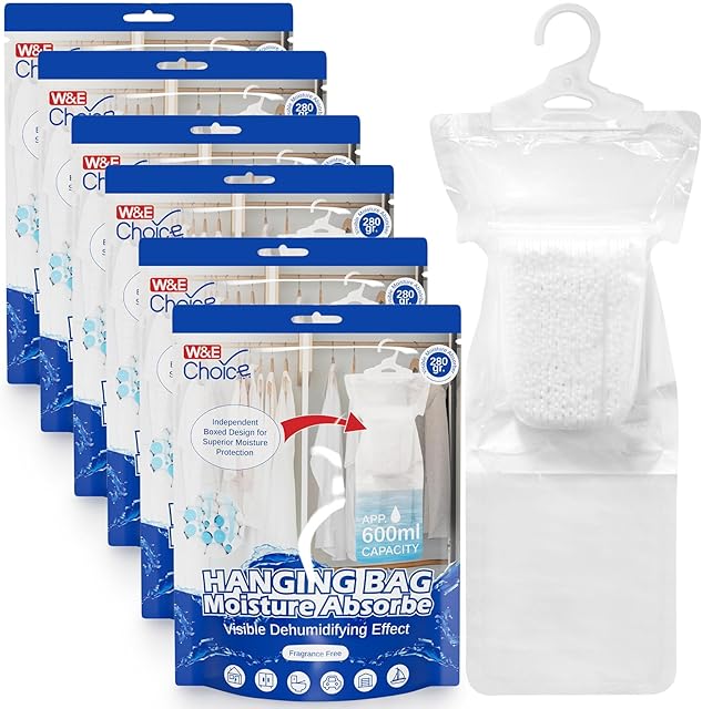 W&E Choice Moisture Absorbers Hanging Bag for Your Closet, Dehumidifier Bags for Bathroom, Fragrance Free Humidity Packs, 6 Pack, 9.9 Oz