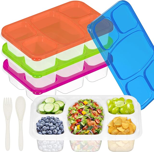 4 PCS Bento Box for Kids, Bento Box Adult Lunch Box, 5 Compartment Lunch Containers, Snackle Box Container, Snack Containers, Meal Prep Containers Reusable for School, Work, and Travel