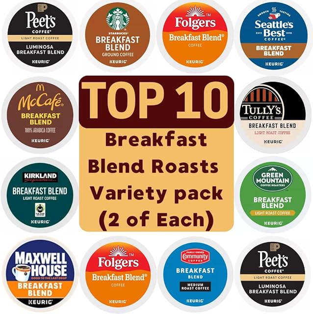 Breakfast Blend K-Cup Coffee Variety Pack, Top 10 Brands, Light & Medium Roast, 20 Count,