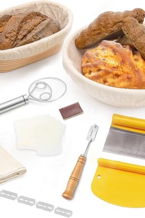 CODOGOY Banneton Bread Proofing Basket Set, Sourdough Bread Baking Supplies with 9" Round & 10" oval Handmade Natural Rattan Proofing Basket and Complete Bread Making Tools